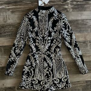 Black Embellished Long-Sleeve Romper